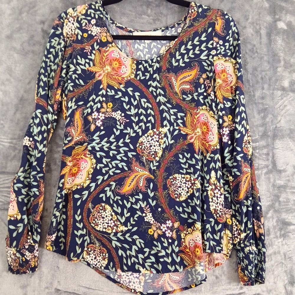 LOFT Blouse Womens XS Navy Blue Floral Paisley Long‎ Sleeve Rayon Boho Top Shirt